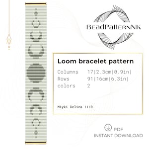 May include: A loom bracelet pattern featuring a moon phase design in shades of gray and white. The pattern includes columns of 0.9 inches and rows of 6.3 inches. The text reads "Loom bracelet pattern" and "PDF Instant Download."