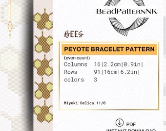 Modèle de bracelet Peyote Abeilles (PDF) | Broderie nid d'abeille | Perles Miyuki Delica 11/0 | Modèles de perles de rocaille à nombre pair | Modèle de perles