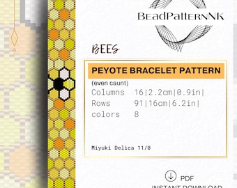 Bee Peyote Bracelet Pattern PDF | Honeycomb Beadwork | Miyuki Delica 11/0 | Even Count Seed Bead Pattern | Beaded bracelet | Beading pattern