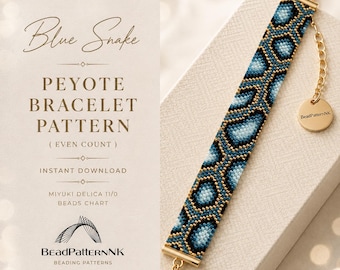 Blue Snake Miyuki Bracelet Pattern - Even Count Peyote Stitch Bracelet Pattern, Miyuki Delica Beading tutorial, Beaded bracelets PDF