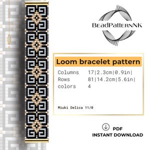 May include: A loom bracelet pattern with a geometric design in black, white, and gold. The pattern includes 17 columns (0.9 inches), 81 rows (5.6 inches), and uses 4 colors. The text reads "Loom bracelet pattern" and "Instant Download".