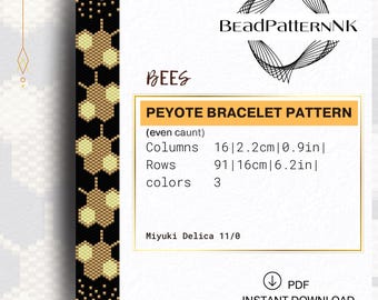 Modèle de bracelet Peyote Abeilles (PDF) | Broderie nid d'abeille | Perles Miyuki Delica 11/0 | Grille de perlage Insectes Miyuki Delica | Perles de rocaille à nombre pair