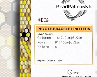 Bee Peyote Bracelet Pattern PDF | Honeycomb Beadwork | Miyuki Delica Beading,Even Count Seed Bead Pattern | Beaded Bee Honey Peyote Bracelet