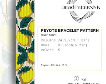 Yellow Lemons Peyote Bracelet Pattern, Beaded Citrus bracelet, Miyuki Delica beadwork Seed bead jewelry Beading tutorial PDF InstantDownload