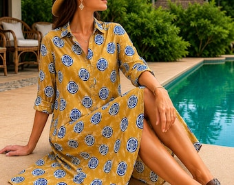 Gelb Streifen Herz Baumwolle Button-Down Midi Kleid, übergroße Resort Wear
