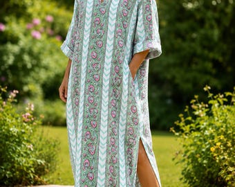 Handgefertigtes Maxikleid aus Baumwolle mit Blockprint | Boho Beach Cover Up
