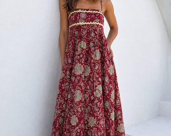 Maxikleid aus Baumwolle mit Handblockdruck | Gesmokter Rücken Boho Summer Resort Wear