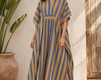 Blau Streifen Baumwolle Kaftan Maxi Kleid | Boho Beach Cover Up