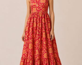 Handgemachte Baumwolle Maxi Kleid | Botanischer Blumendruck, Gestuftes Sommer-Sommerkleid