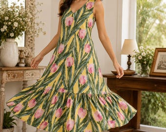 Handgemachtes Blumen Baumwoll Midi Kleid | Ärmellose A-Linie Cottagecore Sommer-Stil
