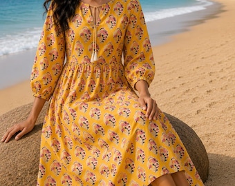 Hand Block Print Midikleid aus Baumwolle | Boho Blumen Sommerferien tragen