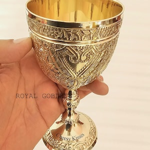PERSONALIZATION Solid Brass Royal king Goblet Chalice Embossed Goblet Design Wine Cup Gift For Christmas, Wedding, Birthday, Anniversary