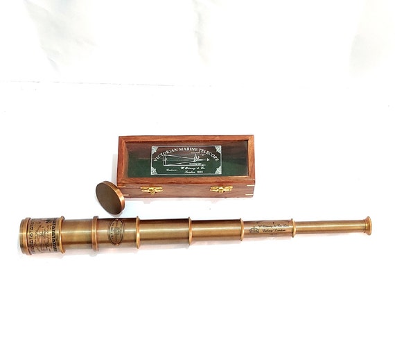Brass Nautical Telescope Replica With Wooden Box - 15 Inch Extendable Spyglass With Glass Optics