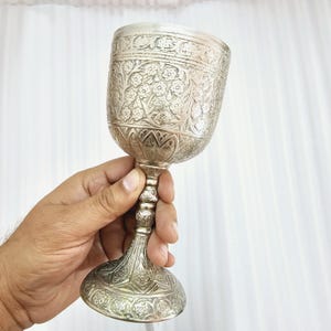 Handmade Old Silver Finish Brass Goblet Royal King Goblet Design Brass Embossed Wine Goblet