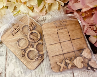 Personalised Table Top Wedding Games | Wedding Favours | Wedding Keepsake | Ring Toss | Hearts & Crosses | White Organza Bag | Cherry or Oak