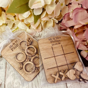 Personalised Table Top Wedding Games | Wedding Favours | Wedding Keepsake | Ring Toss | Hearts & Crosses | White Organza Bag | Cherry or Oak