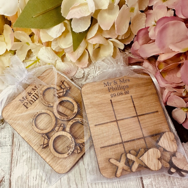 Personalised Table Top Wedding Games | Wedding Favours | Wedding Keepsake | Ring Toss | Hearts & Crosses | White Organza Bag | Cherry or Oak