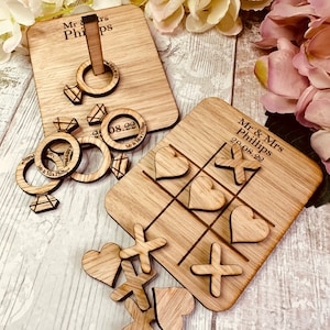 Personalised Table Top Wedding Games | Wedding Favours | Wedding Keepsake | Ring Toss | Hearts & Crosses | Ivory Organza Bag ! Cherry or Oak