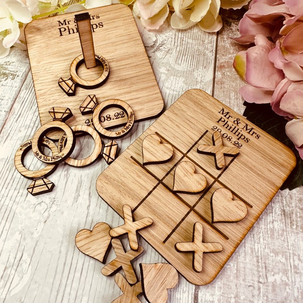 Personalised Table Top Wedding Games | Wedding Favours | Wedding Keepsake | Ring Toss | Hearts & Crosses | Ivory Organza Bag ! Cherry or Oak