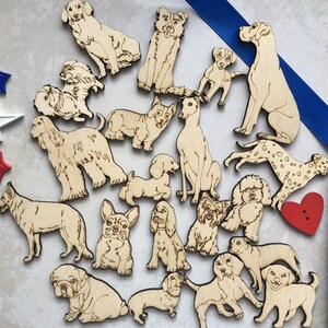 May include: A set of wooden dog figurines in various poses and breeds, including a dachshund, a poodle, a retriever, and a terrier. The figurines are painted in shades of brown, black, and white.