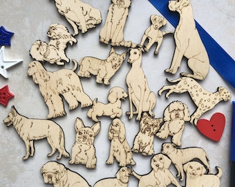 May include: A set of wooden dog figurines in various poses and breeds, including a dachshund, a poodle, a retriever, and a terrier. The figurines are painted in shades of brown, black, and white.