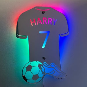 Personalised Football Shirt Mirrored Acrylic LED Light/ Playroom Sign/ Bedroom Sign/ Mancave Sign