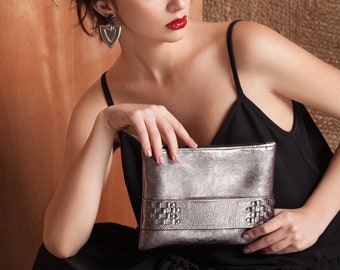 Silver clutch bag, leather clutch bag