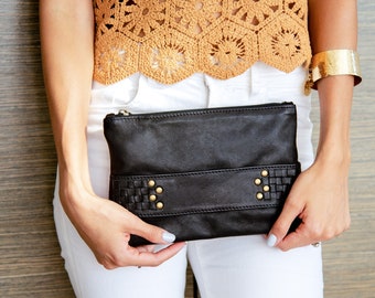 Leather purse bag | Black leather clutch bag | Wristlet bag | bridesmaids bag