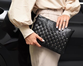 Black leather purse | Leather clutch bag | Wristlet clutch bag