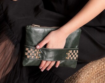 Green leather clutch bag