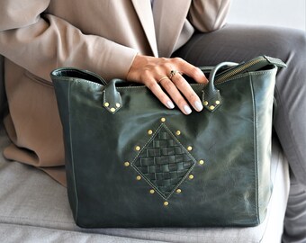 Leather tote bag | Green tote bag | Hobo bag | Shoulder bag