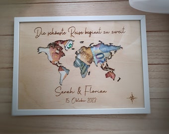 Regalo de boda personalizado, regalo de vacaciones de boda, regalo de dinero de boda, mapa del mundo personalizado, regalo de boda