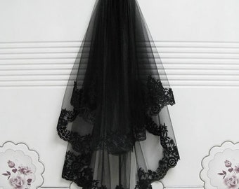 Black Veil 2 Layers Short Veil Tulle Veil Lace Veil Wedding - Etsy