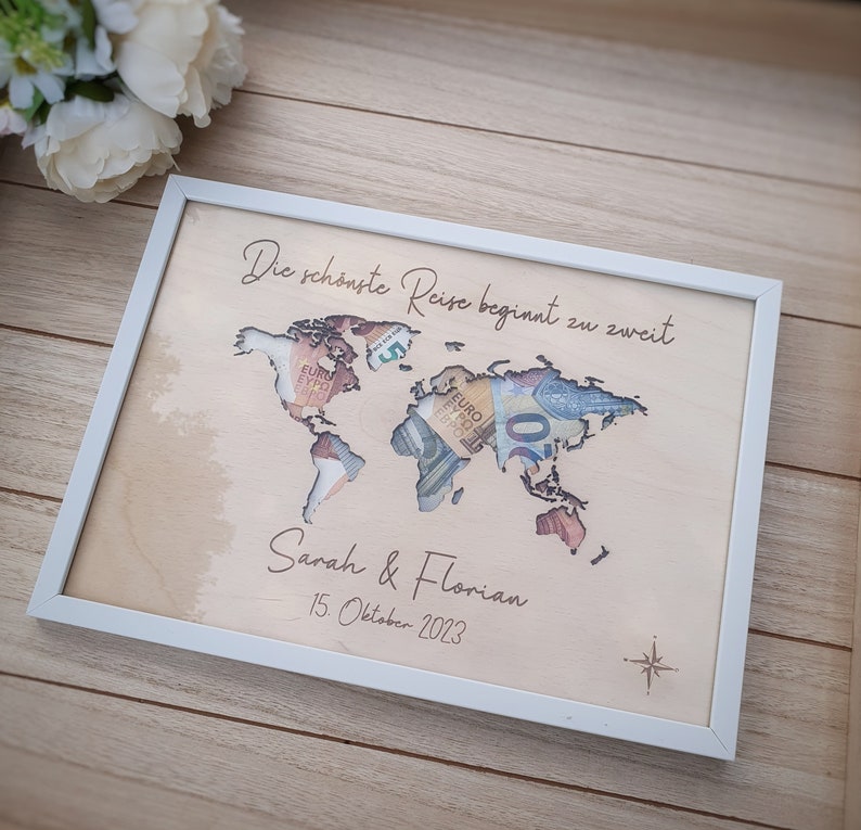 Hochzeitsgeschenk personalisiert, Urlaubsgeschenk Hochzeit, Geldgeschenk Hochzeit, Weltkarte personalisiert, Geschenk Hochzeit Bild 5