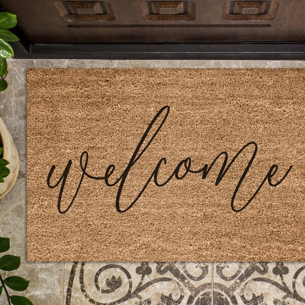Welcome Calligraphy Coconut Coir Doormat Outdoor Front Porch Decor Welcome Mat Housewarming Gift Handpainted Farmhouse Home Decor