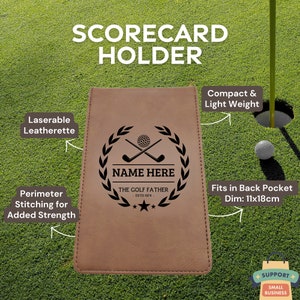Porte-cartes de score de golf (10 options amusantes) Ajoutez le nom et l'année du golfeur ! | Cuir gris ou marron | Crayon assorti inclus | Idées cadeaux de Noël