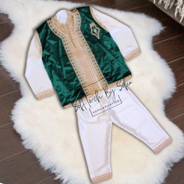 Jabador pour tout-petit, caftan 3 pièces pour bébé, tenue marocaine en velours pour enfants