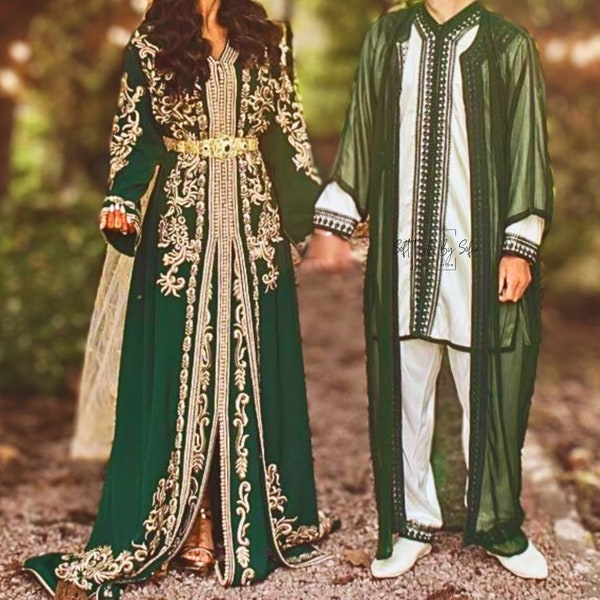 Jabador men ,nikkah outfit, Moroccan kaftan Three Pieces Set - Green