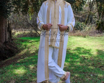 Jabador, wedding outfit for men, 3 pieces Moroccan  kaftan for nikkah-white & Gold