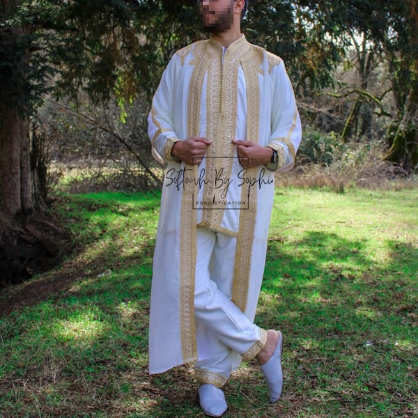 Jabador, wedding outfit for men, 3 pieces Moroccan  kaftan for nikkah-white & Gold