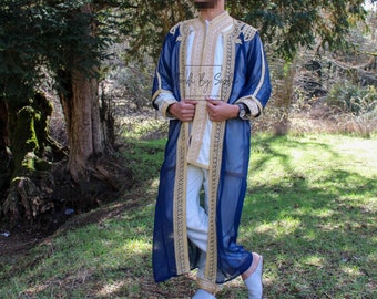 jabador ,Moroccan kaftan men, groom outfit,3 pieces set for wedding-Navy Blue & Gold