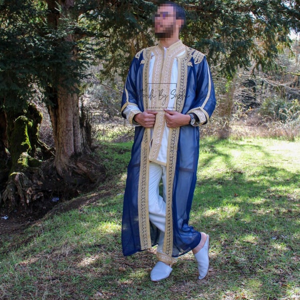 jabador ,Moroccan kaftan men, groom outfit,3 pieces set for wedding-Navy Blue & Gold