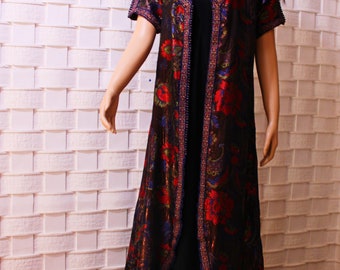 Vintage Moroccan Red Floral Kaftan , Handmade Open Dress