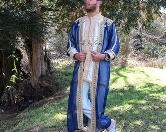 Navy Blue & Gold Moroccan Jabador - Elegant 3-Piece Groom Set for Wedding
