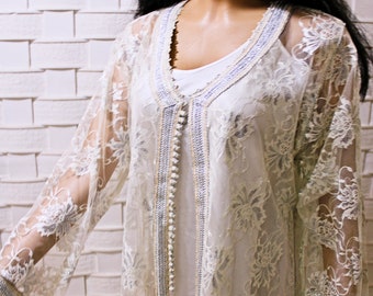 Vintage Lace Moroccan Kaftan ,Open Front Cape Dress