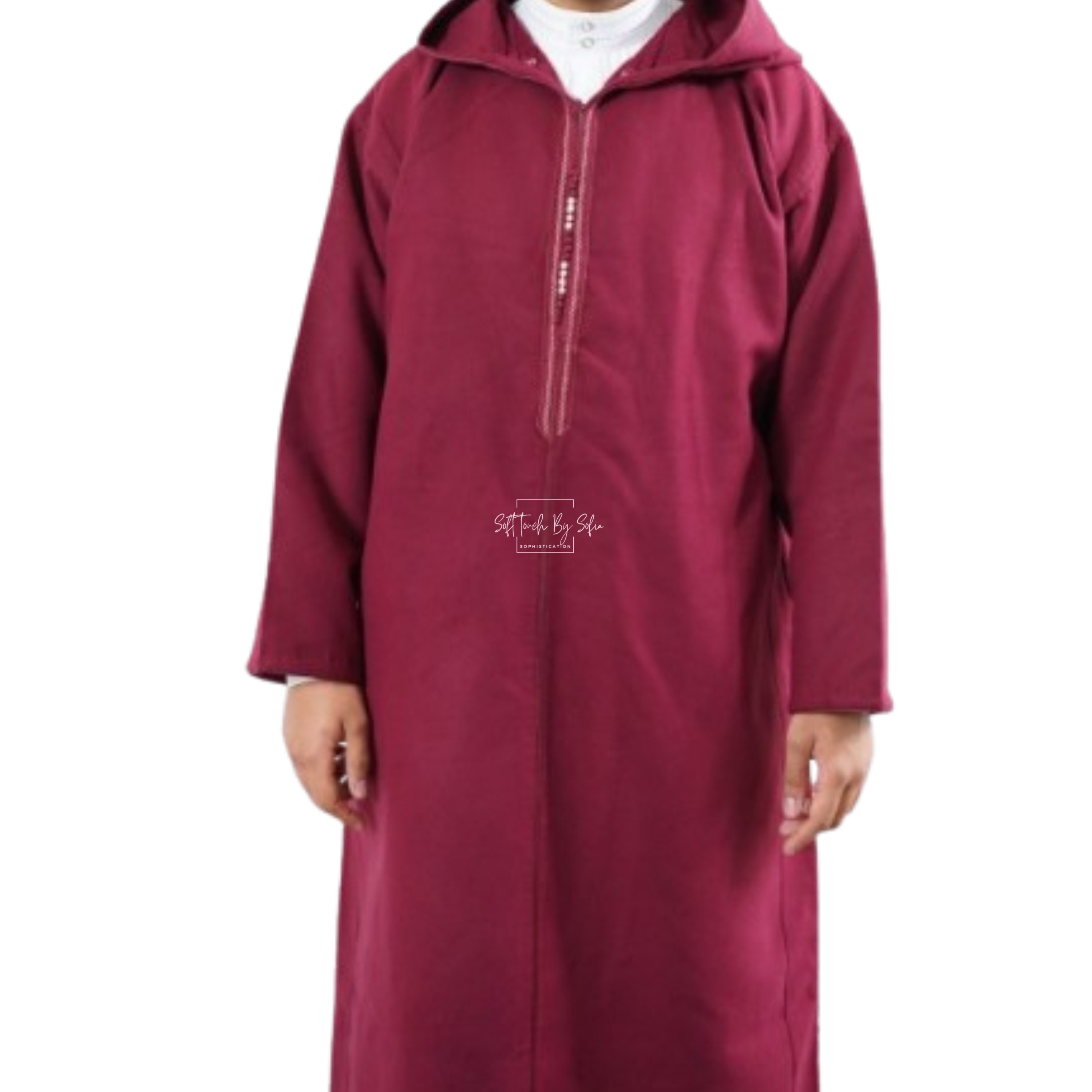 Thobe Djellaba Homme Marocaine – Coton Doux Bordeaux à Capuche, Longue