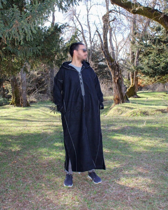 Robe marocaine d hiver djellaba en laine thawb a capuche Noir Etsy France