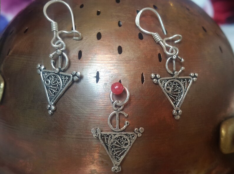 Moroccan Silver Tribal Pendant and Earrings Berber Hamsa Khlala African