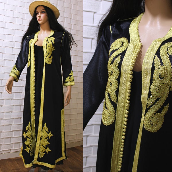 Caftan marocain vintage noir avec broderie dorée, cape VTG, robe caftan ouverte sur le devant