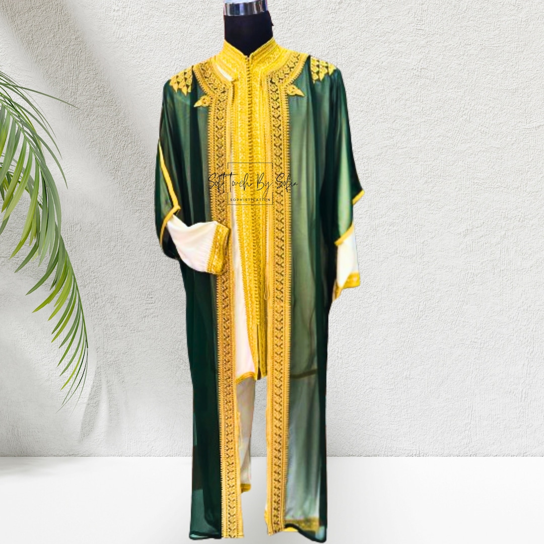 Green & Gold Moroccan Jabador, Muslim Wedding Dress for Men